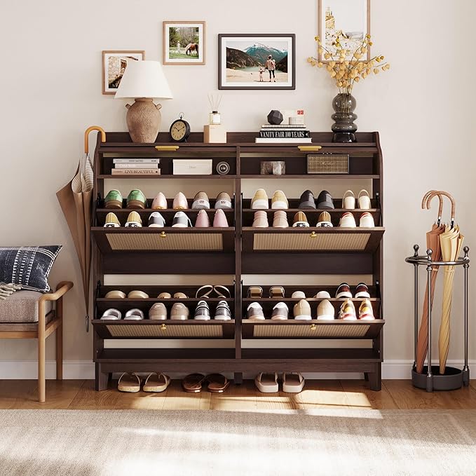 LINSY Shoe Storage Cabinet, Rattan Shoe Cabinet Flip Drawer Shoes Rack Cabinet with Sliding Tambour Door, Large Shoe Cabinets Mid Century Modern Hidden Shoe Storage Organizer for Entryway, Walnut