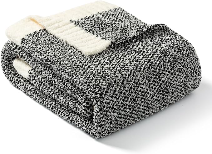 Snuggle Sac Heather Black Throw Blanket for Couch, Reversible Super Soft Micorfiber Blankets Dupes Warm Cozy Knit Fuzzy Plush Throws for Sofa, Bed, Heather Black, 50x60 inches