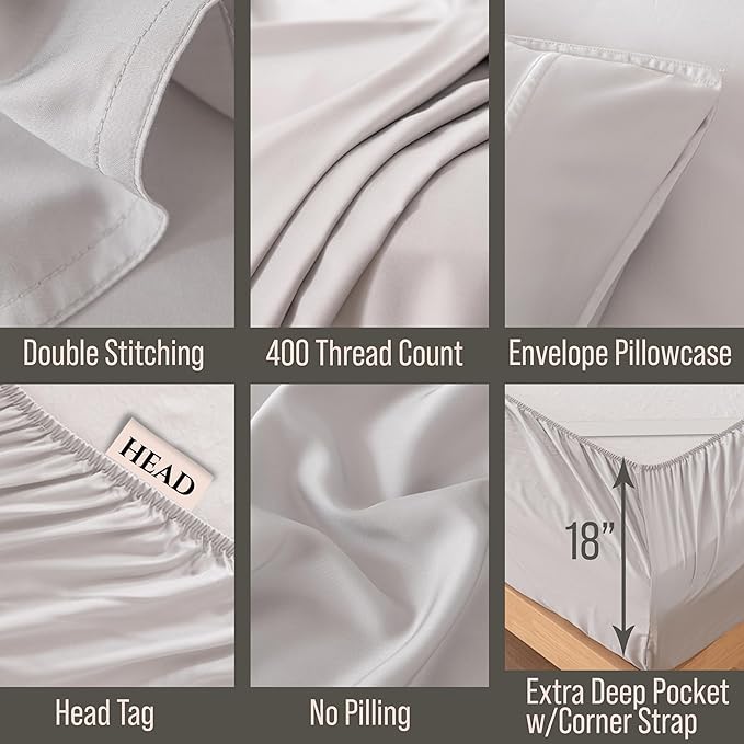 Bella Coterie 6 Piece Luxury Bamboo Viscose Split Top King Size Sheet Set | 34" Split for Adjustable Beds | 100% Organically Grown| Cooling | 18” Deep Pocket | 4 Pillowcases [Grey Mist]