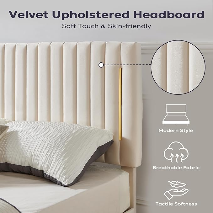 Full Platform Bed Frame, Velvet Upholstered Bedframe with Vertical Channel Adjustable Headboard, Golden Plating Trim, Mattress Foundation with Wooden Slats, No Box Spring Needed, Beige