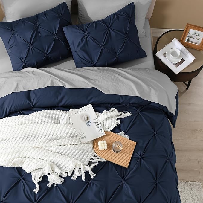 Litanika Navy Blue Oversized King Pinch Pleat Duvet Cover, 3 Pieces Pintuck Cover Soft Microfiber Bedding Set with Zipper Closure & Corner Ties(1 Duvet Cover, 2 Pillowcases)