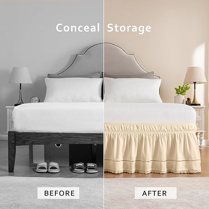 MIYE Wrap Around Ruffled Lace Bed Skirt, Elastic Dust Ruffle with Adjustable Belts, Easy to Put On, Bed Frame Cover, Machine Washable (Floral Lace/Light Beige, King/Queen-15 Drop)