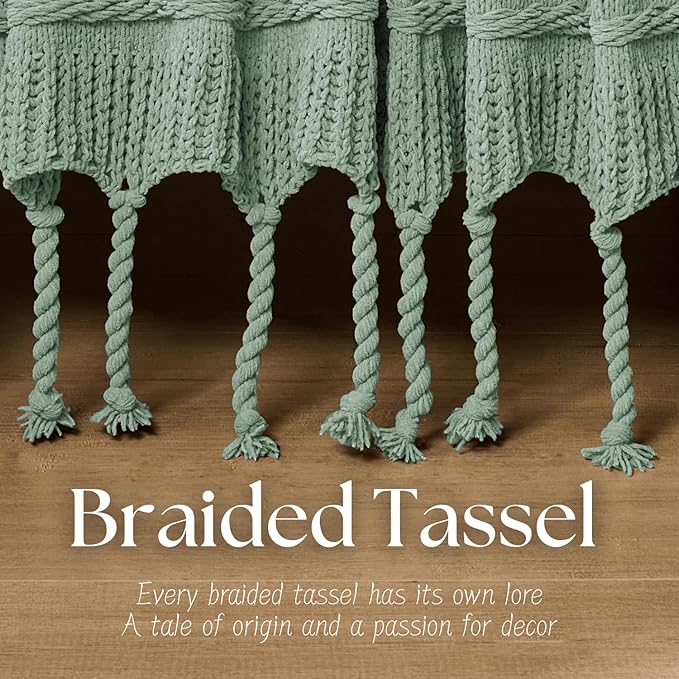 Boho Knitted Chenille Blanket with Tassels - Lightweight & Soft All-Season Throw - 3D Classic Pattern for Living Room Bedroom Couch, Sage Green, Queen 90"x90"