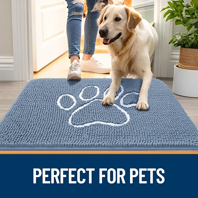 OLANLY Dog Door Mat for Muddy Paws 24x16, Paw Print Design, Absorbs Moisture and Dirt, Non-Slip Washable Doormat, Quick Dry Chenille Mud Mat, Entry Indoor Entryway Carpet, Airy Blue and White