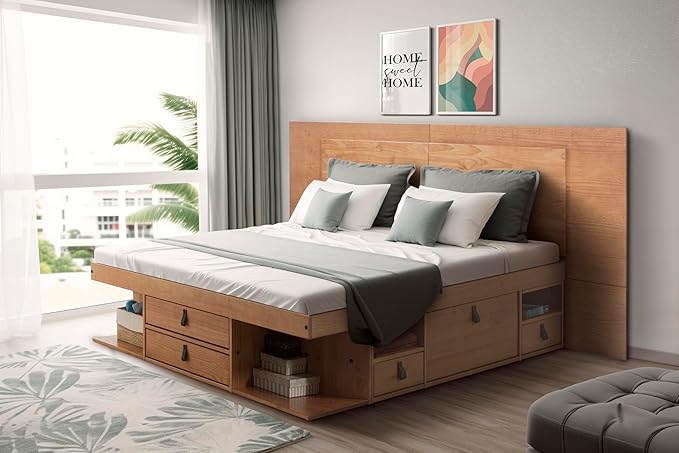 memomad Bali Slim Set: Storage Platform Bed with Drawers + Flat Panel Headboard (Full Size, Oak Brown Wood)