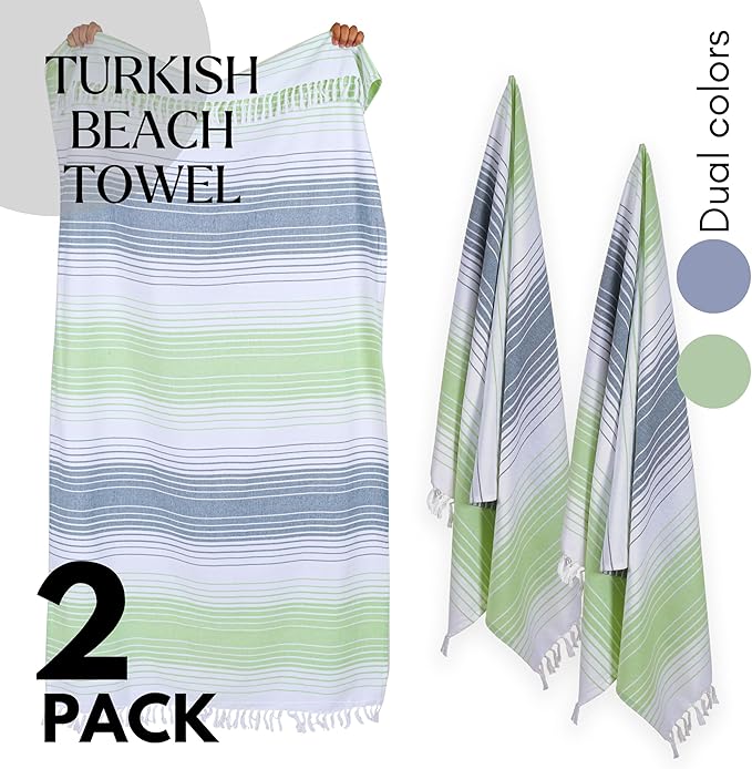 Native Fab 100% Cotton Peshtemal Turkish Bath and Beach Towels Set of 2, Large 40x71 Travel Sarong Gym Pool Spa Towels, Ultra Soft Quick Dry Absorbent Fouta Hammam Peshtemal Towels Green White