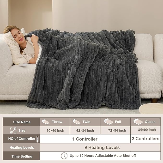 Hansleep Heated Blanket Electric Throw Full Size, Heating Blanket with 9 Heating Levels and 10-Hour Timer Auto Shut Off, Washable Soft Warm Winter Blanket, 72 x 84 Inches, Dark Grey