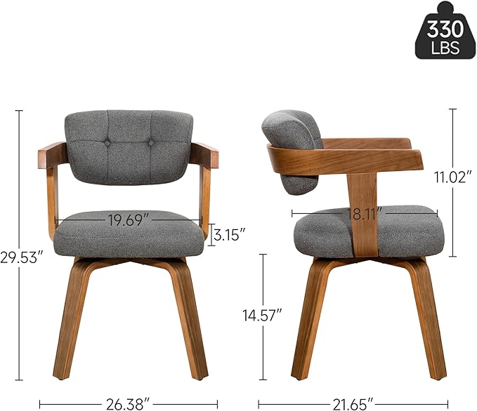 Art Leon Mid Century Modern Dining Chairs - Set of 2 Comfy Fabric Upholstered Dining Chairs, Home Office Chair No Wheels, Accent Arm Chair with Wood Legs for Kitchen Living Room Bedroom, Gray/Walnut