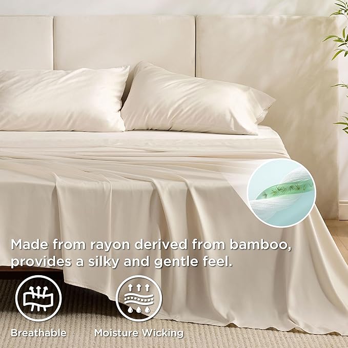Bedsure King Size Sheets Set, Cooling Sheets for Hot Sleepers, Rayon Derived from Bamboo, Breathable & Soft, Deep Pocket Up to 16 Inches, Hotel Luxury Silky Bedding, Light Beige