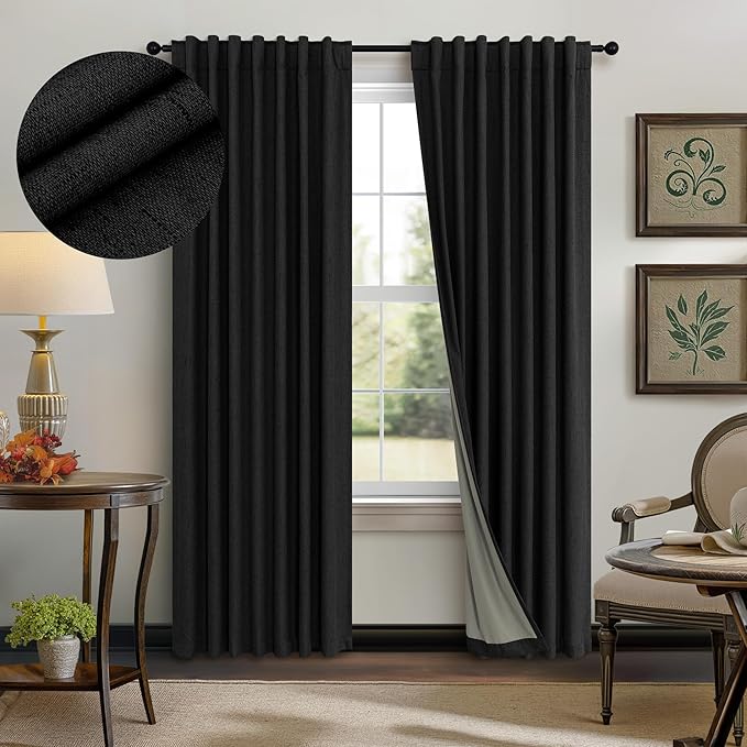 Nursery Blackout Curtains 63 Inch Length for Bedroom 2 Panels Back Tab Pocket Heavy Thick Linen Textured Room Darkening Sound Proof Insulated Thermal Dark Out Black Curtain for Winter 63 Inches Long