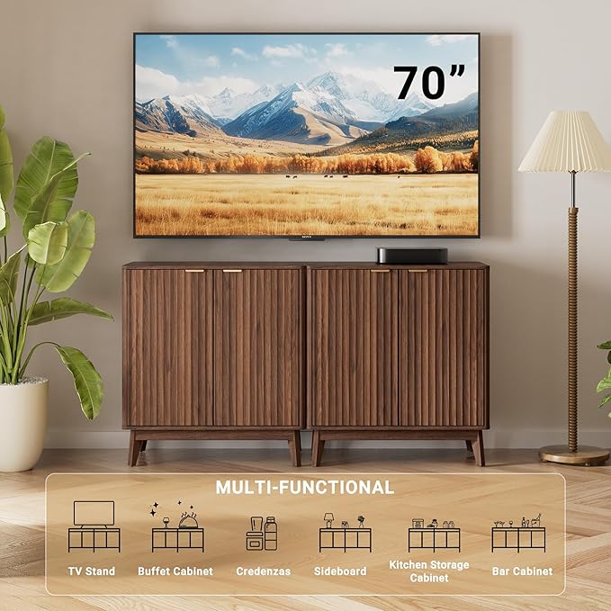 Sideboard Cabinet, Small Buffet Cabinet, Modern Fluted Storage Cabinet with Adjustable Shelf & Doors, Accent Credenza Sideboard for Kitchen, Coffee Bar, Living Room, Entryway, Hallway