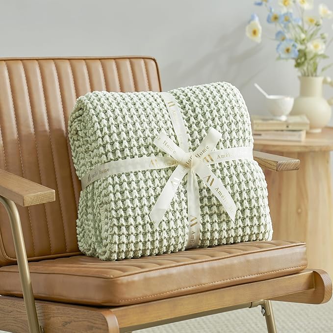 Amélie Home Waffle Chenille Throw Blanket for Couch, Pineapple Stitch Knit Soft Cozy Knit Blanket Decorative Throw for Sofa, Chair, 50"x60", Sage Green&Ivory