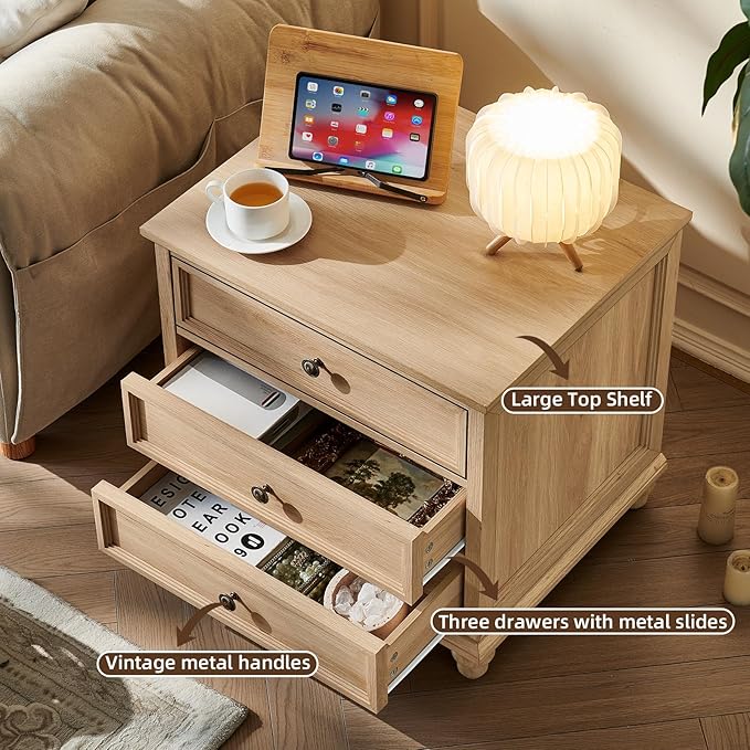 24" Wide Farmhouse Night Stand Set of 2,Large End Table with 3 Drawers & Metal Handle,Wood Dresser for Bedroom,Bed Side Table Chest of Drawers Cabinet,Natural Nightstand for Living Room,Closet
