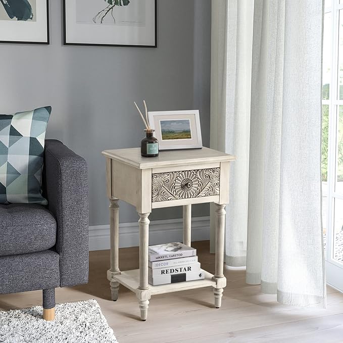 COSIEST 2 Pieces Vintage Nightstand, MDF 2-Tier Bedside Table, Wood Accent End Table with Storage Drawer and Open Display Shelf for Bedroom Living Room