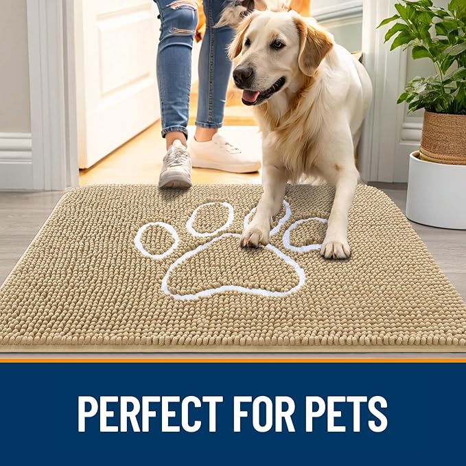 OLANLY Dog Door Mat for Muddy Paws 24x16, Paw Print Design, Absorbs Moisture and Dirt, Absorbent Non-Slip Washable Doormat, Quick Dry Chenille Mud Mat for Dogs, Entry Indoor Entryway Carpet, Beige
