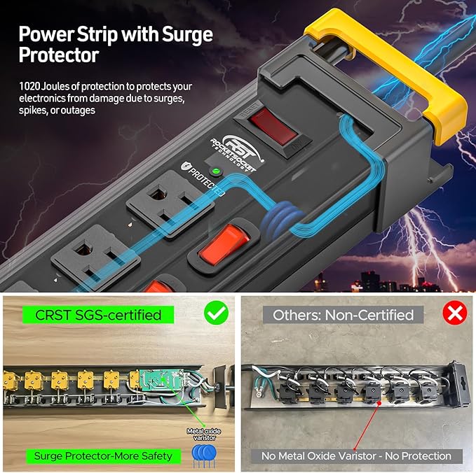 CRST Heavy Duty Metal Power Strip with Individual Switches, 12 Outlets Long Surge Protector Power Strip (1020J), 15A/1875W, 9FT Cord, Use for Garage Workshop Office School and Home...