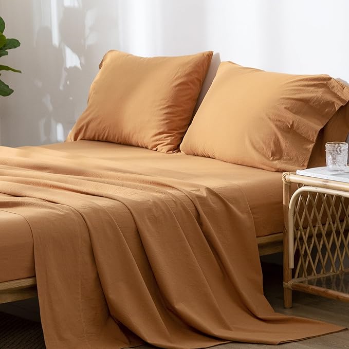 MooMee Bedding Sheet Set 100% Washed Cotton Linen Like Textured Breathable Durable Soft Comfy (Solid Burnt Orange, King)