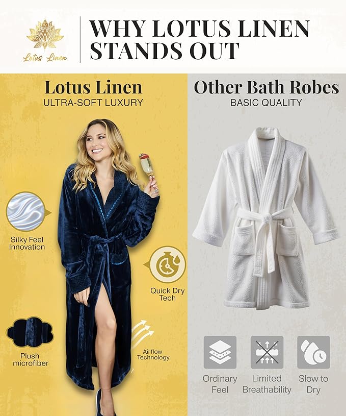 Lotus Linen Plush Robes for Women - Soft Bathrobe, Custom Monogram, Warm Fleece Robe with Pockets