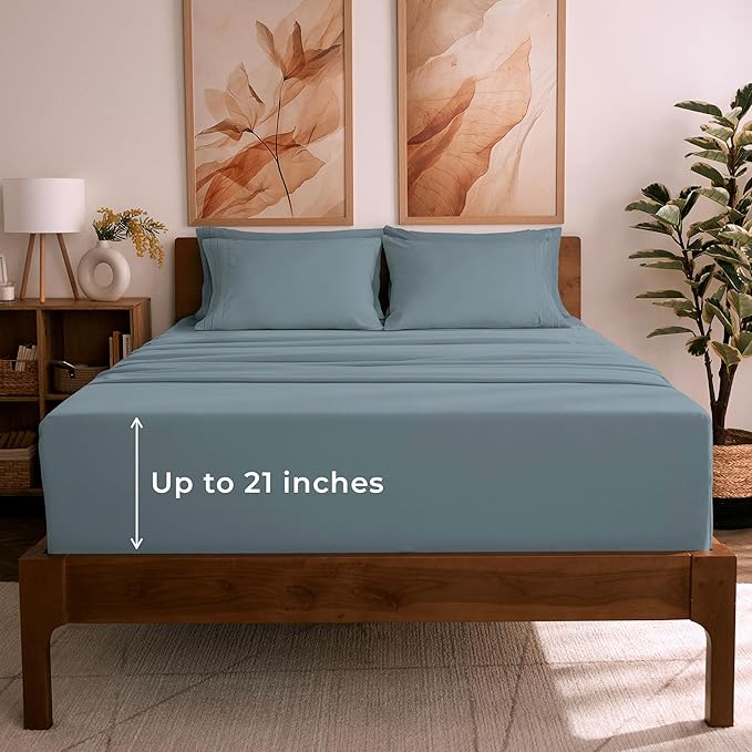 Mellanni California King Sheet Set - 6-Piece Iconic Collection Bedding, (Including 4 Pillowcases), 21-Inch Extra Deep Pocket, Easy Care, Ultra Soft, Cooling Sheets, Brushed Microfiber - Spa Blue