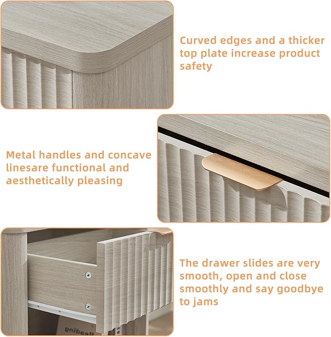LEYAOYAO Fluted Nightstand with Charging Station, 23" Wide 1 Drawers Night Stand,LightGrey End Table with Open Storage,Farmhouse Bed Side Tables, Wood Dresser for Bedroom, Living Room, Closet