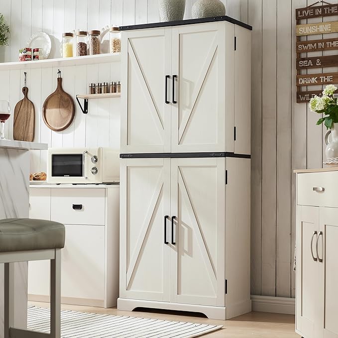 ACCOHOHO 72" Tall Kitchen Pantry, Farmhouse Storage Cabinet with Barn Doors, Organizer, Drawer and Adjustable Shelves, Rustic Wood Cupboard for Kitchen, Dining Room, Bathroom, Off White | Barn Doors, Organizer, Drawer, Adjustable Shelves, Cupboard