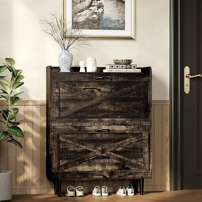 VINGLI Shoe Storage Cabinet for Entryway with 2 Flip Drawers, Ultra Slim Freestanding Entryway Shoe Organizer with Wood Tapered Legs,Hidden Closed Shoe Rack,31.6"W * 9.4"D * 39.4"H, Dark Rustic Oak