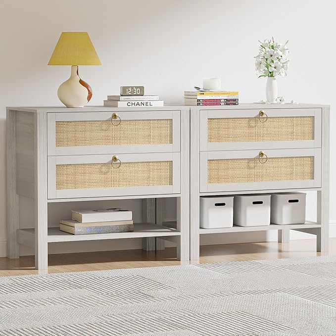 White Night Stand Set of 2 with 2 Drawers and Storage Shelf, 26” Tall Boho Nightstand, Wood Large Bedside Table for Bedroom, Side Table, White