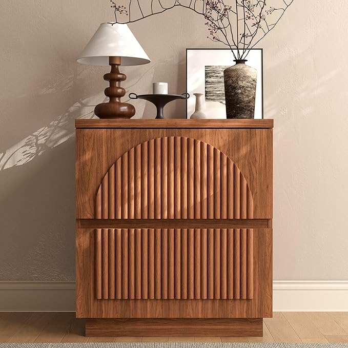 Yechen Nightstand with Drawers, Modern Arched Reeded Wood Nightstand with Charging Station, Wooden Night Stand with Storage,Bedside End Tables for Bedroom, Walnut