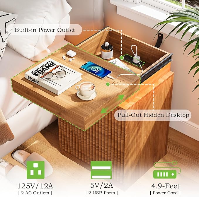 Nightstands Set of 2 with Charging Station & LED Lights, Modern Small Fluted Bedside & End Tables with 3 Drawers, Sliding Top & Hidden Storage, Wooden Farmhouse Night Stand for Bedroom Office,Walnut