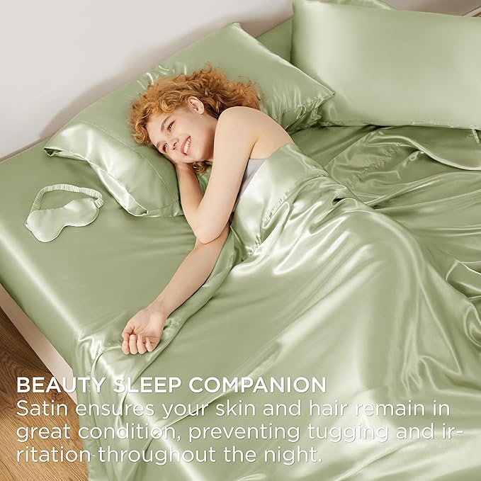 Bedsure Satin Sheets Queen Size - 4 Piece Silky Bedsheets with 15 Inches Deep Pocket Fitted Bedsheet,1 Flat Sheet, 2 Satin Pillowcases, Good for Hair & Skin (Queen, Sage Green)