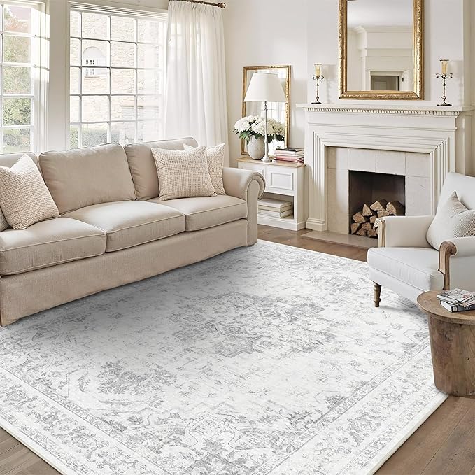 5x7 Vintage Washable Area Rugs Boho Medallion Large Distressed Retro Accent Carpet Floral Non-Slip Soft Low Pile Indoor Throw Rug for Living Room Bedroom Dining Room Office Kitchen, Gray