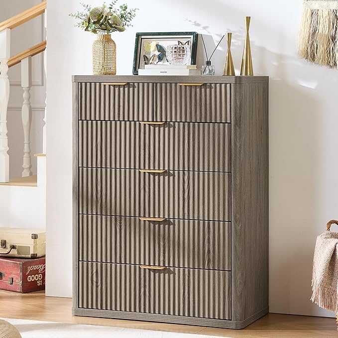 LEYAOYAO Fluted 6 Drawers Dresser for Bedroom Set of 2, 42" Tall Modern Chest of Drawers with Metal Handle, Curved Profile Design,Grey Wood Drawer Organizer for Bedroom, Living Room, Hallway