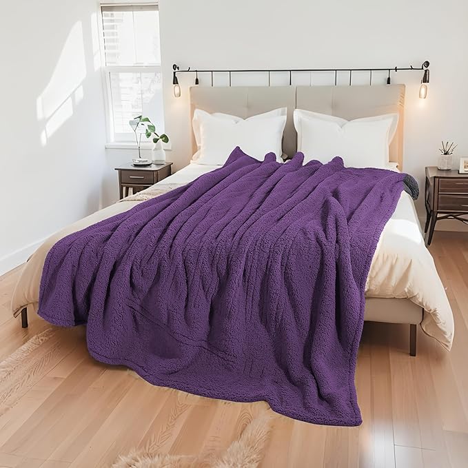 Electric Heated Blanket 6 Heating Settings & 1-10H Auto Off Twin 62×84 Double Sided Plush Sherpa Ultra-Cozy Soft Warm Thick, Machine Washable, Fast Heating, Home Office Dark Purple