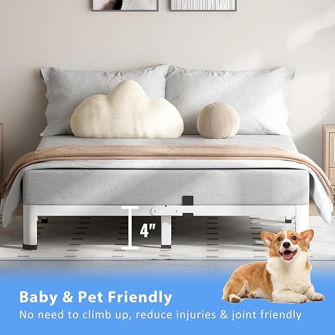 4 Inch White King Size Bed Frame, 3500Lbs Heavy Duty Metal Platform with Round Corner Legs Mattress Slide Stopper, Steel Slat Support No Box Spring Needed, Noise Free, Non-Slip, Easy Assembly