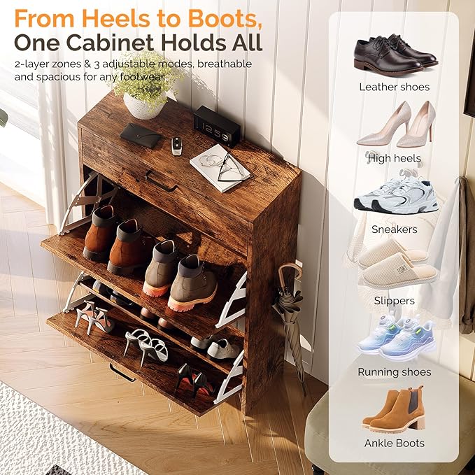VINGLI Shoe Cabinet Storage for Entryway Ultra Slim with 2 Flip &1Drop-Down Drawers, 24.8" W Narrow Shoe Cabinet for Front Door Entrance,Freestanding Rustic Brown Wood Shoes Organizer for Hallway