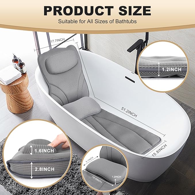 Extra Long Thick Full Body Bath Pillow for Tub with Lumbar Pillow- Luxury 4D Air Mesh Bathtub Pillow with Head, Shoulder & Back Support, Non-Slip Bath Cushion with Suction Cups, Fits All Tubs-Gray