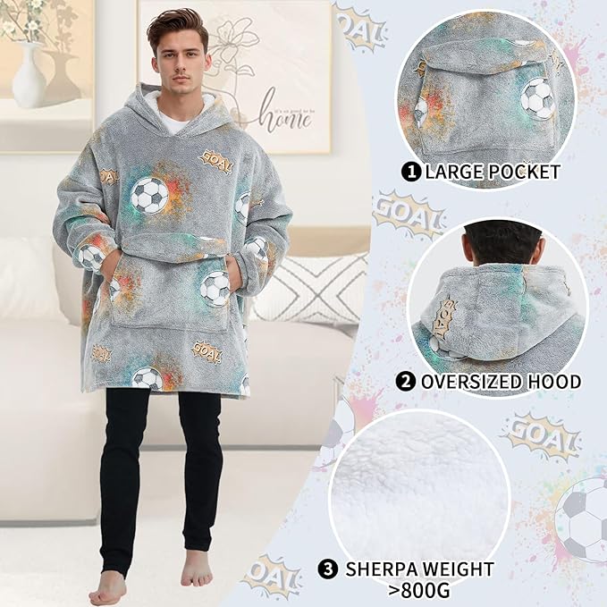 Glow in The Dark Football Wearable Blanket Hoodie for Adult,Oversized Sherpa Fleece Blanket Hoodie for Women Men,Football
