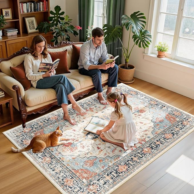 Area Rugs 5'x7' Washable Non-Slip, Floral Vintage Distress Print Pattern Medallion Carpet for Living Room Bedroom Dining Room, Beige Navy Blue Orange Colorful