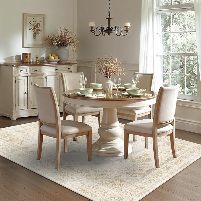5x7 Vintage Washable Area Rugs Boho Medallion Large Distressed Retro Accent Carpet Floral Non-Slip Soft Low Pile Indoor Throw Rug for Living Room Bedroom Dining Room Office Kitchen, Beige