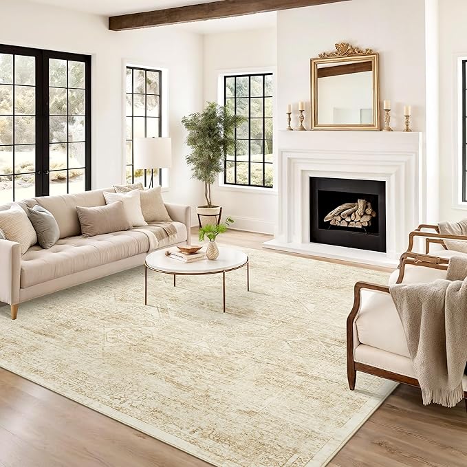 Washable Area Rug 8x10, Large Soft Rugs for Living Room Vintage Beige 8x10 Area Rugs for Bedroom Dining Room Floral Non-Slip Thin Rug