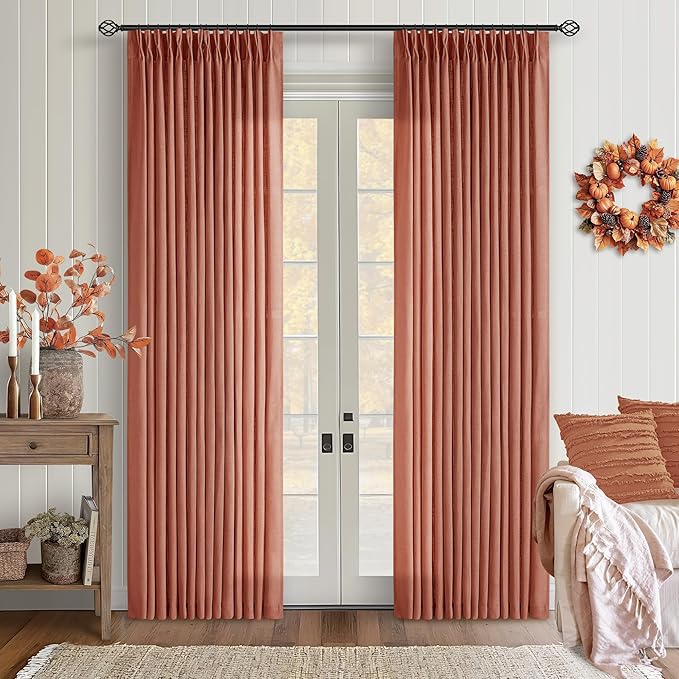 Pinch Pleated Terracotta Linen Curtains 84 Inches Long 2 Panels Set for Living Room Dining Pinch Pleat Back Tab Light Filtering Farmhouse Boho Retro Window Curtain Drapes Red Clay Autumn Fall Decor