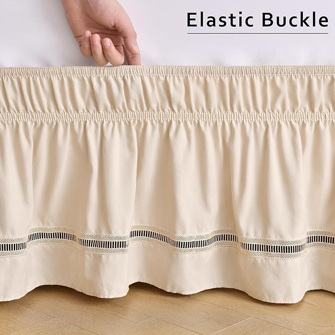 MIYE Wrap Around Ruffled Lace Bed Skirt, Elastic Dust Ruffle with Adjustable Belts, Easy to Put On, Bed Frame Cover, Machine Washable (Ruffled Lace/Light Beige, King/Queen-12.5" Drop)