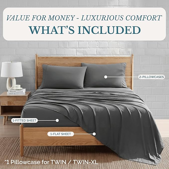 Casa Platino Luxury Bed Sheet Set – Ultra-Soft, Pre-Washed, Cozy and Breathable, 100% Brushed Premium Microfiber with Deep Pockets for a Secure Fit – Twin, Charcoal