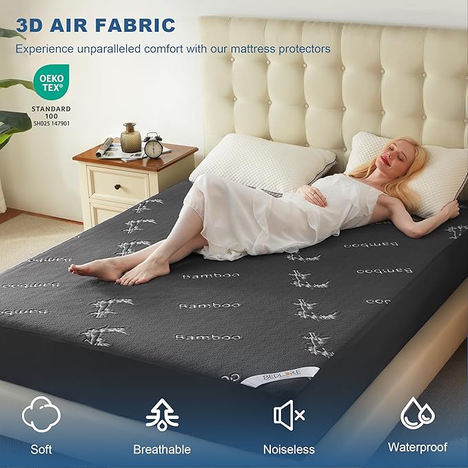 BEDLORE King Size Waterproof Mattress Protector Viscose Derived from Bamboo, Soft Mattress Cover Fitted with Deep Pocket 6"-18", Breathable & Cooling Noiseless Mattress Pad, Machine Washable(Gray)