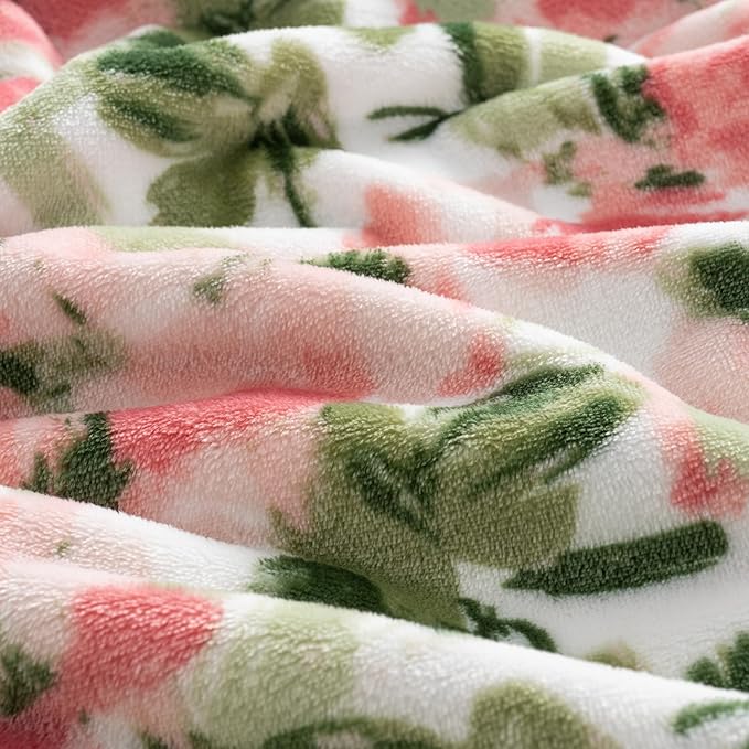 Luxury Printed Fleece Warm Throw Blanket, Soft Lightweight Velvety Plush Throw for Couch and Bed, Cozy Comfy for All Seasons(Ivory Pink Flowers, 50×70 Inches)