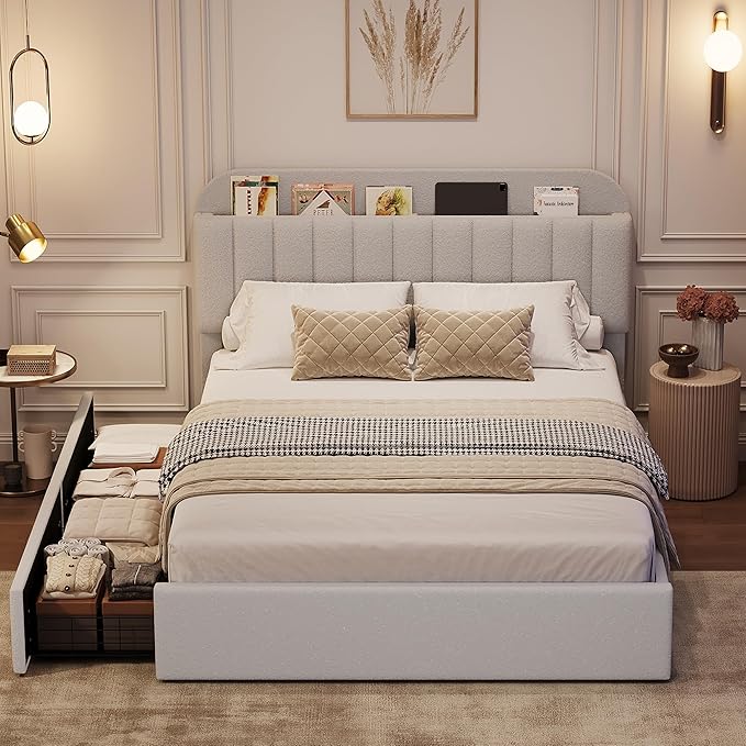 Jojoka Queen Bed Frame with Storage Headboard and 2 Drawers, Boucle Upholstered Platform Bed, Modern Girls Bed Frames for Rooms, No Box Spring Needed, Easy Assembly, Grey