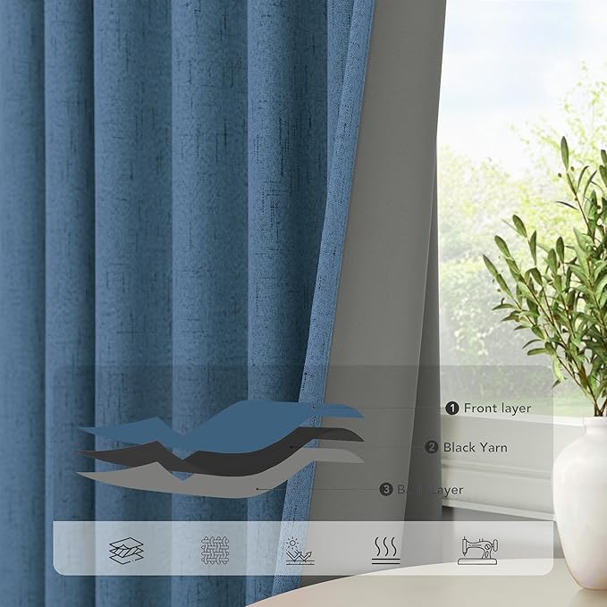 Denim Blue Blackout Curtains & Drapes 84 Inch Length 2 Panels Set Faux Linen 100% Black Out Room Darkening Soundproof Country Blue Curtains for Bedroom Living Room Back Tab Pocket 52x84 Long Drapes