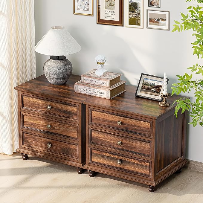 24" Wide Farmhouse Night Stand,Large End Table with 3 Drawers & Metal Handle,Dresser for Bedroom, Wood Bed Side Table Chest of Drawers Cabinet, Retro Brown Nightstand for Living Room,Closet