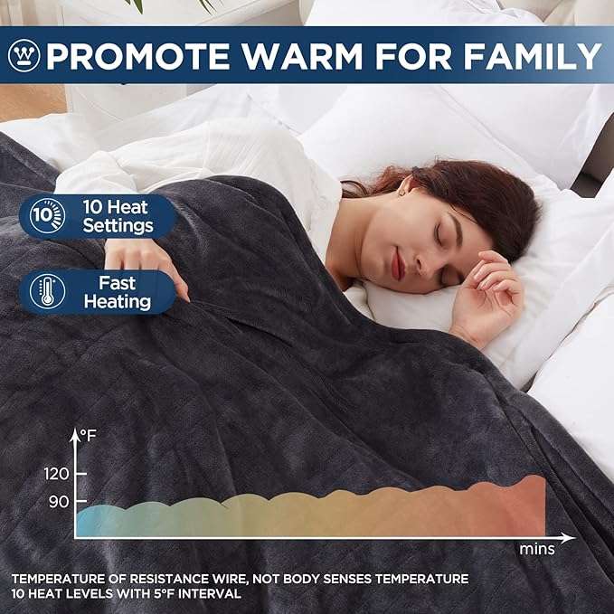 Westinghouse Electric Blanket King Size, Super Cozy Soft Flannel 100"" x 90"" Heated Blanket with 10 Fast Heating Levels & 1-12 Auto-Off, Machine Washable, ETL&FCC Certification, Charcoal