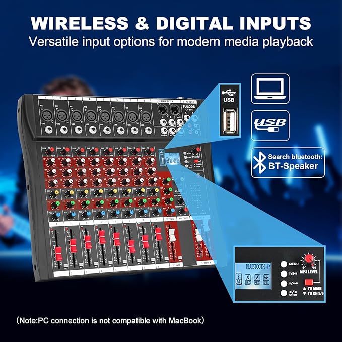 8 Channel Audio Mixer, Professional Music Mixer Board DJ Mixing Console with Bluetooth, USB/MP3 Player, Reverb, and 48V Phantom Power for Studio Recording, Karaoke, and Live Performances